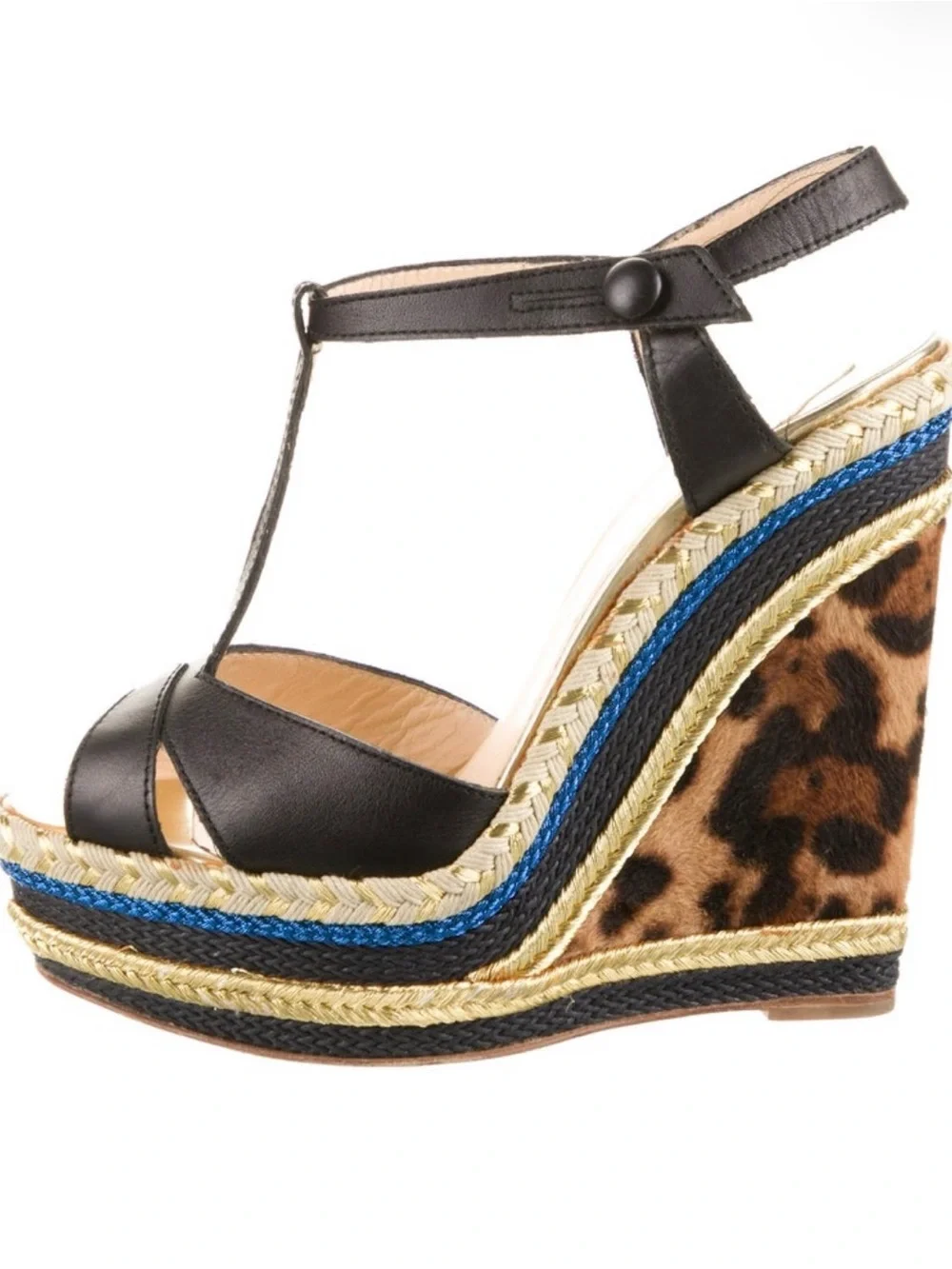Christian Louboutin Black Leather Platform Sandals with Multicolor Braided Trim